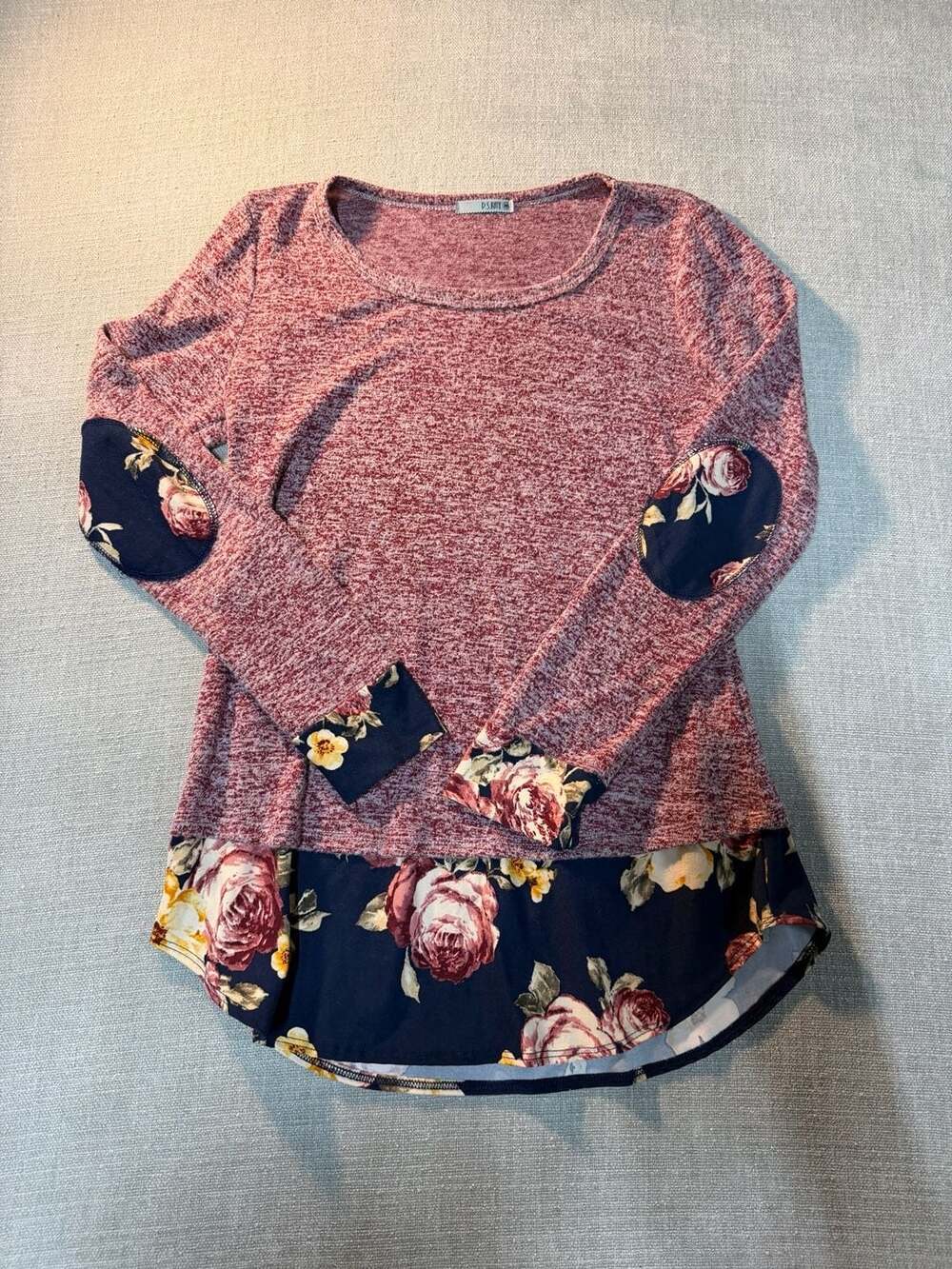 P.S. Kate Women's Burgundy Marled Knit Long Sleeve Tunic Top with Floral Contras